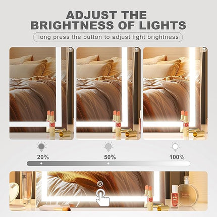 Hasipu Vanity Mirror with Lights, 16" x 12" LED Makeup Mirror with 10X Magnification, Smart Touch 3 Colors Dimmable, Adjustable Brightness, 360° Rotation, White