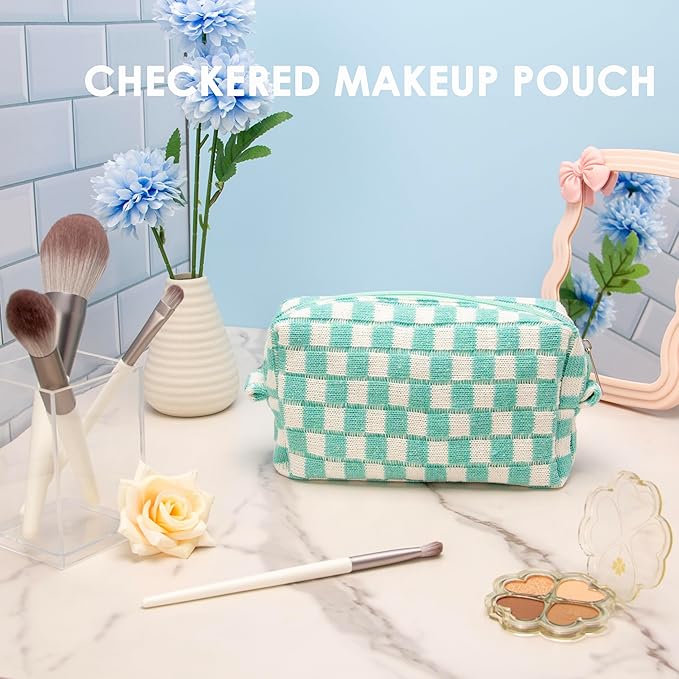 PAZIMIIK Checkered Makeup Bag for Purse Portable Zipper Make Up Pouch Small Cosmetic Case for Travel Accessories Arctic Blue