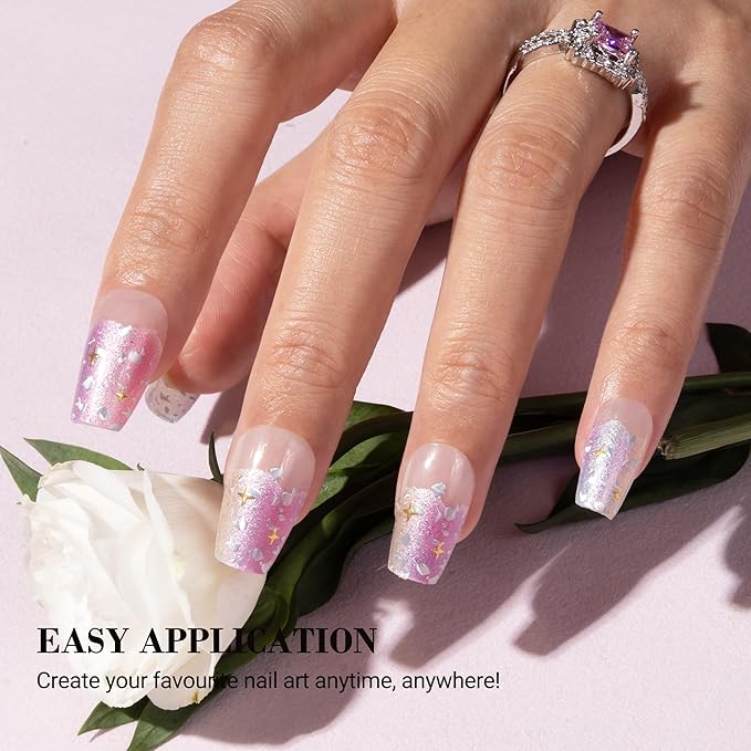 MelodySusie Semi Cured Gel Nail Strips, 20 PCS Gel Nail Stickers, UV Light Required, Durable & Salon Quality (Mermaid, Pink, Glitter, Letter Print)