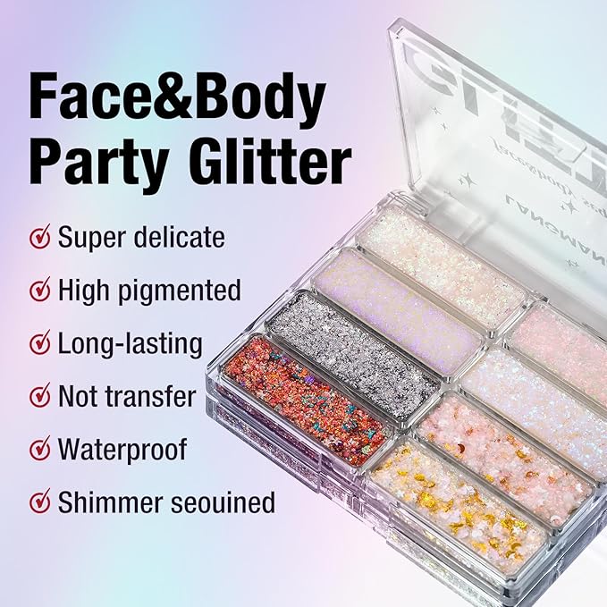 LANGMANNI 8 Colors Face & Body Glitter Palette - Holographic Changing Sparkling Mermaid Sequins for Women Girls Music Festival Party Rave Makeup(#A)