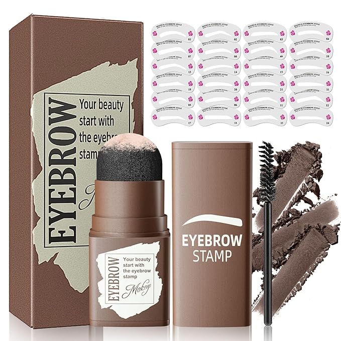 Eyebrow Stamp Stencil Kit - Eyebrow Powder and Eyebrow Stencils for Shaping with Eyebrow Brush, Long-Lasting Waterproof Brow Shaping Kit with 24 Reusable Thin & Thick Eyebrow Stencils (Black Brown)