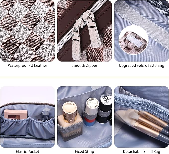 BOYATU Travel Makeup Bag for Women: Large Cosmetic Bag Set of 3 - PU Leather Make up Bag with Compartments - Compact Waterproof Toiletry Bag with Divider & Handle (C-03Brown)