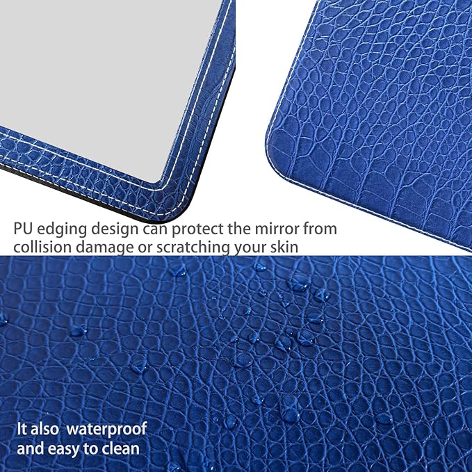 Blue Foldable Desk Mirror, 6.5×8.9” Adjustable Angle Rounded Rectangle PU Edge Covering Travel Mirror with Stand (LBlue)