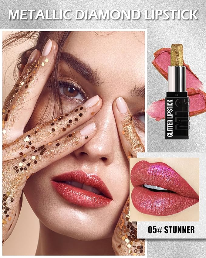Diamond Glitter Matte Lipstick, Long Lasting Waterproof Gold Pink Metallic Sparkling High Pigment Non-Stick Lip Tint Lip Gloss,Full-coverage Lipgloss, Halloween Lip Makeup Gift for Women Girl-05