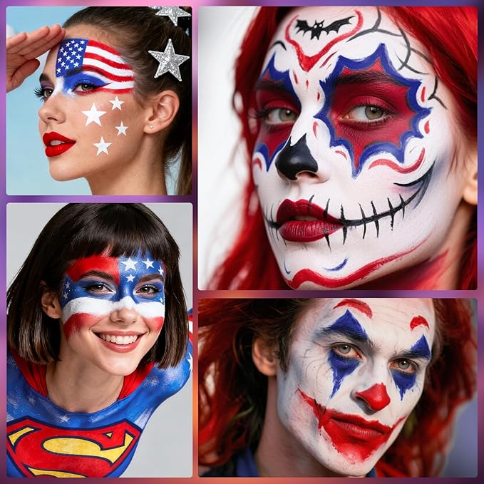Red White Blue US Flag Oil Based Face Paint Kit with Painting Brushes, Full Coverage Greasepaint for 4th of July USA Independence Day America's Patriotic Veterans Events,Halloween Joker Cosplay