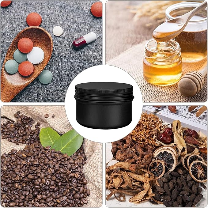 6 Pack 4 oz Aluminum Tins Airtight Storage Tins Containers Bulk Tins with Screw Lids for Kitchen, Storing Spices, Candies, Lip Balm, Salve,Black