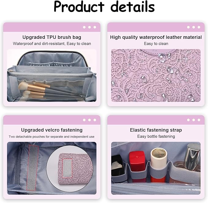 BOYATU Travel Makeup Bags for Women: Vegan Leather Cosmetic Bag Set of 3 - Large Capacity Make up Bag with Divider - Wide Open Waterproof Toiletry Organizer Bag with Handle (L12-Violet)