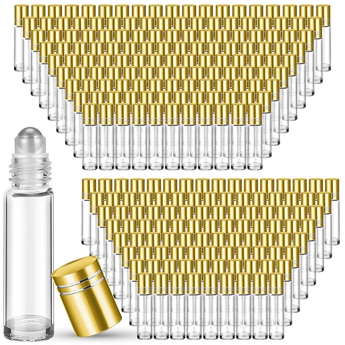 Sumind Essential Oil Roller Bottles - 250 Pcs, 10 ml Glass, Stainless Steel Roller Balls, Leakproof, Funnel Included(Clear with Gold Cap)
