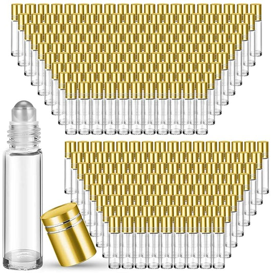 Sumind Essential Oil Roller Bottles - 250 Pcs, 10 ml Glass, Stainless Steel Roller Balls, Leakproof, Funnel Included(Clear with Gold Cap)