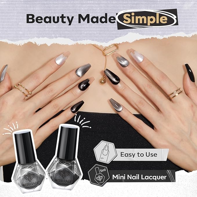 modelones Nail Polish Set, 6 Colors White Black Nail Polish with Magnet Glitter Cat Eye Magnetic Non Toxic Quick Dry Fingernail Polish Salon Home DIY Gifts For Women Girl