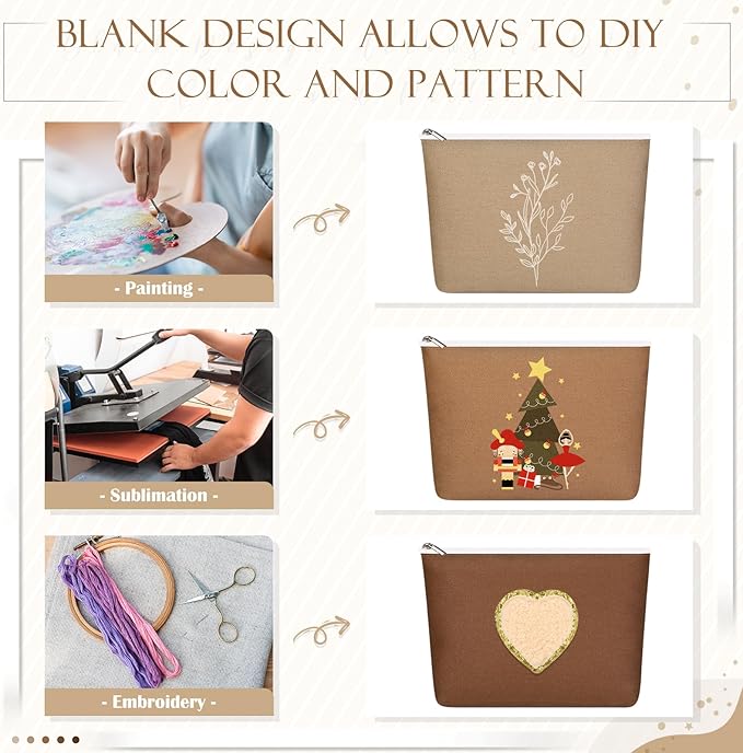 Reginary 10 Pcs Canvas Makeup Bags Bulk for Women Blank DIY Pencil Pouch Travel Toiletry Cosmetics Bags Gift for Christmas Breast Cancer Awareness Thanksgiving Wedding Nurses Teacher(Brown)