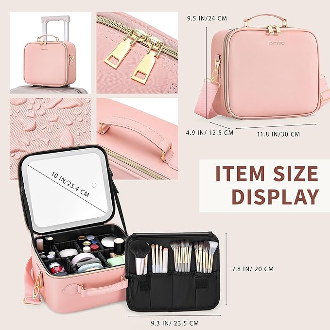 Travel Makeup Bag Cosmetic Organizer Bag with Lighted Mirror, Waterproof Makeup Bag with Light Up Mirror, Travel Makeup Case for Cosmetic Brush Holder Storage, Large Toiletry Bag Women Gift