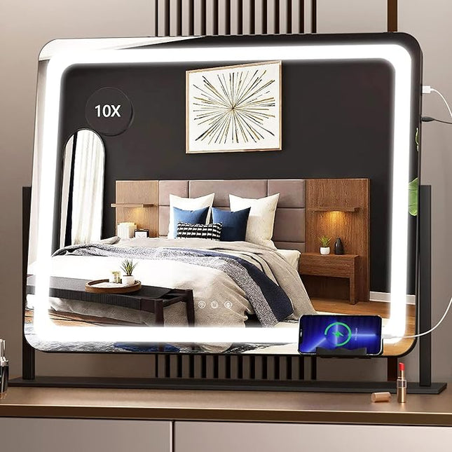 Hasipu Vanity Mirror with Lights, 24.2" x 18.9" LED Make up Mirror, Light up Mirror with 10X Magnification and USB Charging Port, Phone Holder, Smart Touch 3 Colors Dimmable, 360° Rotation (Black)