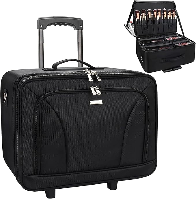 Relavel Extra Large Makeup Case Rolling Travel Train Case, 3 Layer with Insulation Compartment & Four Clear Storage Bags, Professional Makeup Artist Bag Portable Nail Organizer Box Art Supply Case