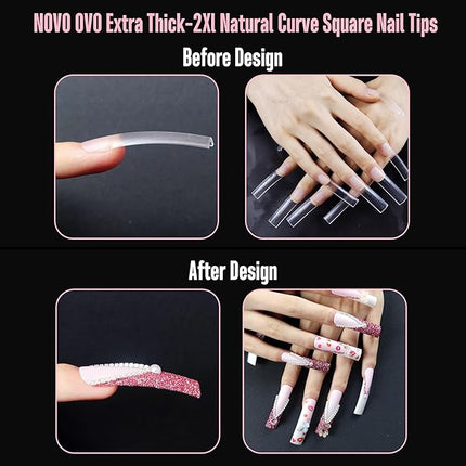 NOVO OVO Halloween XXL Slightly Curved Sharp Square Nail Tip, Extra Thick Natural Curve False Nails Press on, Full Cover Soft Gel Extension Fake Nail Acrylic French Tip Auxiliary Line x 15 Size 240pc