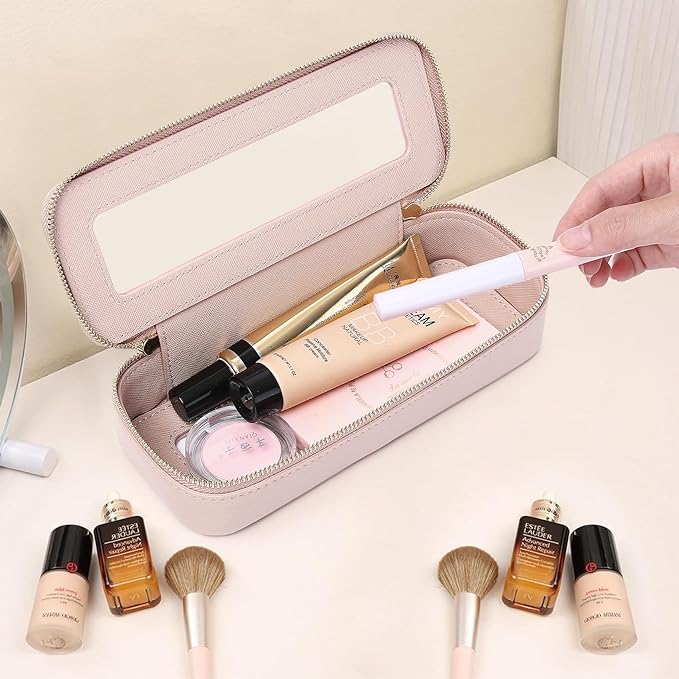 Pinkmik Makeup Brush Case Clear Travel Cosmetic & Toiletry Bag Small Makeup Bag with Zipper Purse Organizer Car Essential Bag for Women (Pink, SLIM)