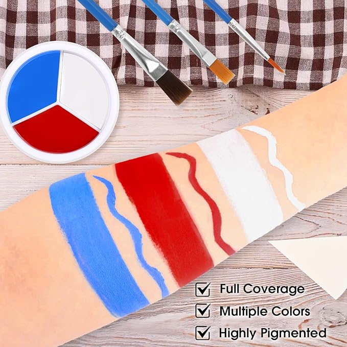 3 Colors Face Body Paint [Blue White Red] + 3pc Sponge + 3pc Brush, USA Themed Accessories Flag Color Eye Black for Sport, Face Paint Halloween Makeup Kit for Clown Vampire Joker Makeup
