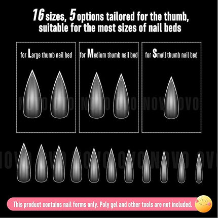NOVO OVO Long XL Sharp Stiletto Pointed Nail Tips Press on, Extra Long Thick Soft Gel Double Matte Clear Fake Nail Extension, Full Cover False Nails for Acrylic, for Salon DIY x 16 Sizes 480 pcs