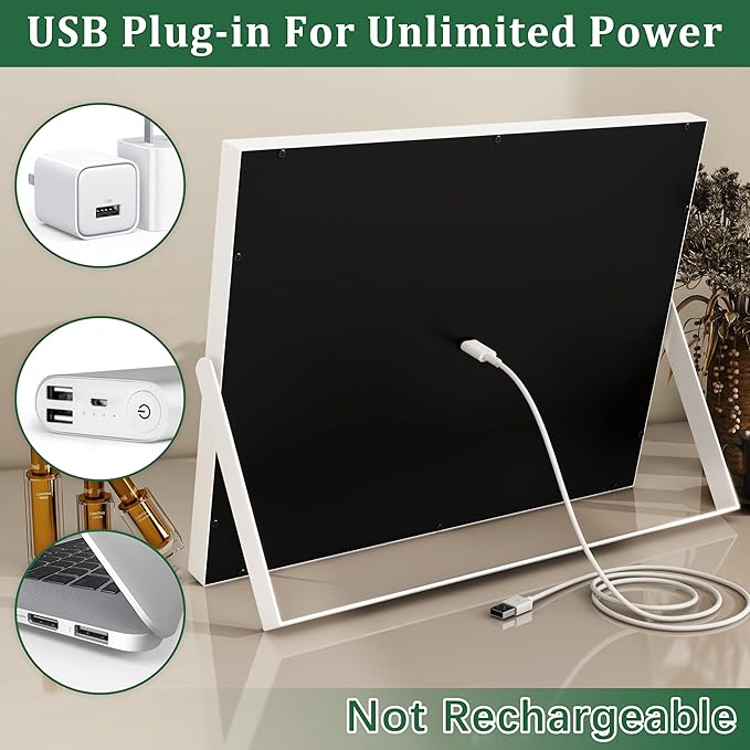 Vanity Mirror with Lights, 14" x 11" LED Makeup Mirror, 3 Modes Light, Smart Touch Control Dimmable, 10X Magnification, 360°Rotation, Square Corner Rectangle, White