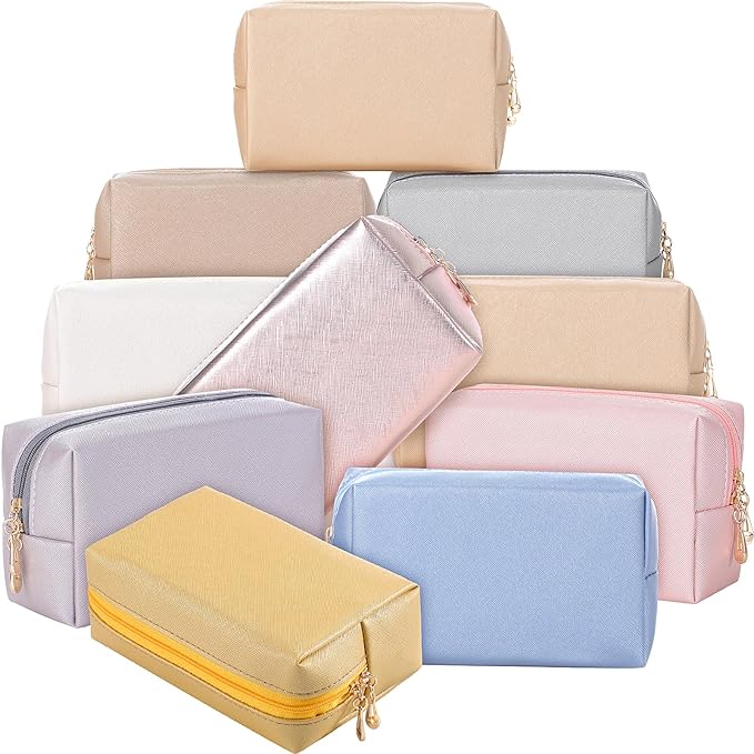 Sanwuta 9 Pcs Makeup Bags Bulk PU Double Zippers Cosmetic Bag Makeup Toiletry Pouch Portable Travel Organizers Case for Women Bachelorette Party End of The Year Bridesmaid Gift(Pearl Color)