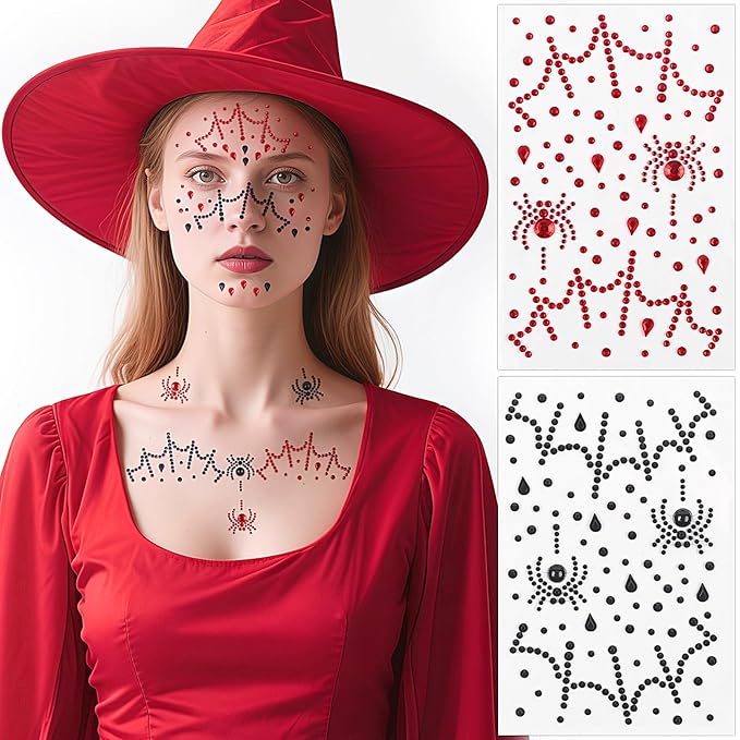 Red Black Face Gems, Halloween Face Rhinestone Makeup Festival Face Jewels, Spider Web Witch Scars Stick On Gems, Self-Adhesive Rhinestone Set for Halloween Cosplay