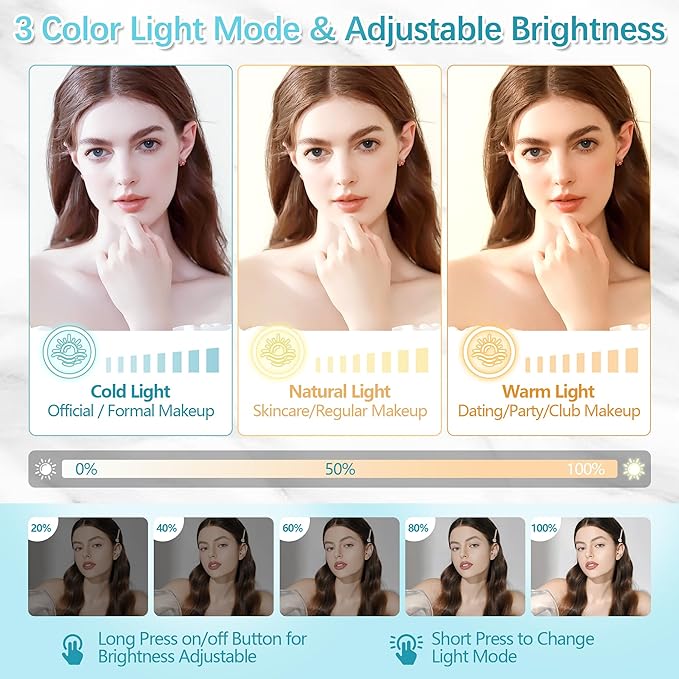 Makeup Mirror with Lights, 20X Magnifying Mirror with Light and Adjustable Brightness,Vanity Mirror with Lights and 3 Colors, 2-Sided Travel Mirror with Light, Tabletop Mirrors for Home and Outside