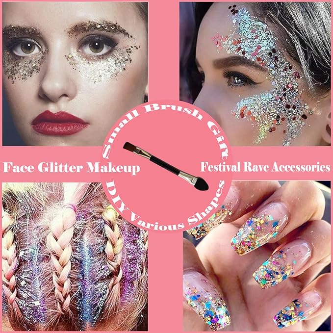 Body Glitter Face Glitter Gel: Singer Concerts Disco Festival Rave Accessories Face Glitter Makeup 150ml Chunky Sequins Mermaid Face Body Hair Glitter Gel (White&Silver&Pink&Gold&Blue)