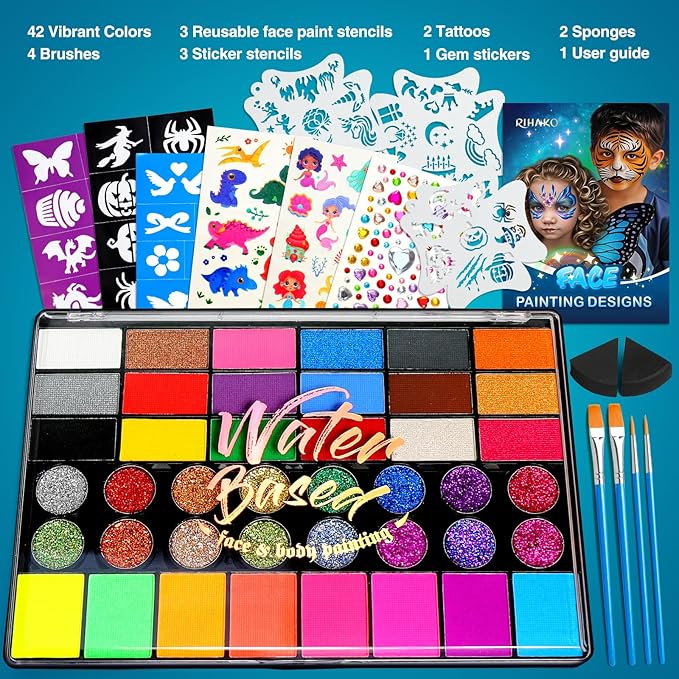 Face Painting Kit for Kids - 42 Colors Professional Face Paint Kit,Non-Toxic face Paint With Stencils, Brush, Gems. For Carnival, Halloween, Costume Makeup and Any Creative Activity with Kids