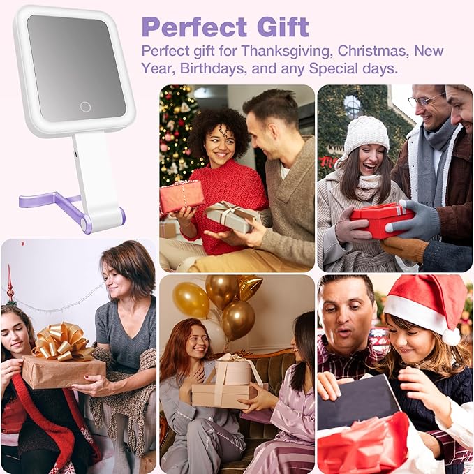 Portable Travel Makeup Mirror with Lights, Double Sided 1X/10X Magnifying Mirror, 3 Color Adjustable Lighting Touch Screen, Rechargeable Lighted Beauty Mirror, Tabletop Handhold Hanging (Purple)