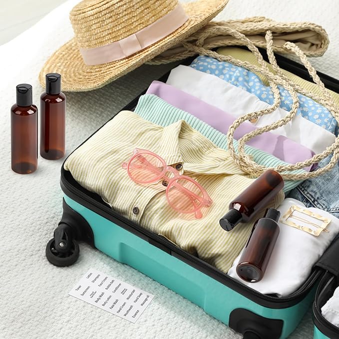 TUZAZO 10 Pack 3.4 oz Amber Plastic Travel Bottles for Toiletries TSA Approved Leakproof Travel Size Containers Empty Small Plastic Shampoo Lotion Bottles with Labels