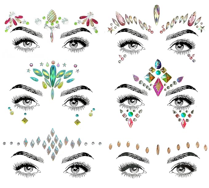 6 Pcs Face Gems, Face jewels, Face Sticker, for Halloween Music Festivals Party Rave Carnival Birthday Party