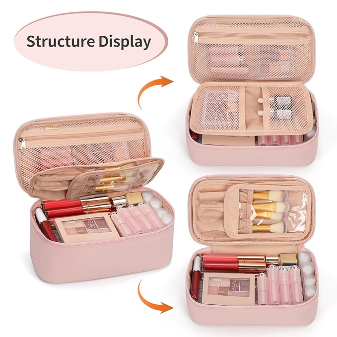 OCHEAL Small Makeup Bag,Portable Cute Travel Makeup Bag Pouch for Women Girls Makeup Brush Organizer Cosmetics Bags with Compartment-Pink