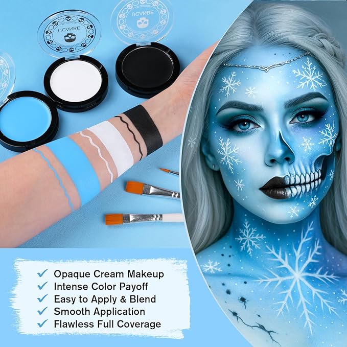 White Black & Light Blue Face Body Paint for Halloween Sally & Corpse Bride Makeup, Non-Toxic Face Painting Kit with Brushes for Kids Adults Smurf Avatar Mermaid & Demon Costume Cosplay SFX Make Up