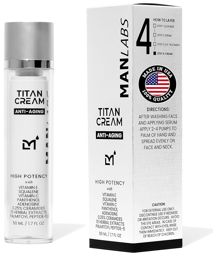 Titan Anti-Aging Mens Face Cream – Mens Face Moisturizer – For Men, Face Lotion – Men, Skin Care – Tighten, Tone, Revitalize – Ceramides, Vitamin C & E, Squalane – All Skin Types – Unscented