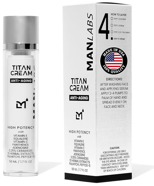 Titan Anti-Aging Mens Face Cream – Mens Face Moisturizer – For Men, Face Lotion – Men, Skin Care – Tighten, Tone, Revitalize – Ceramides, Vitamin C & E, Squalane – All Skin Types – Unscented