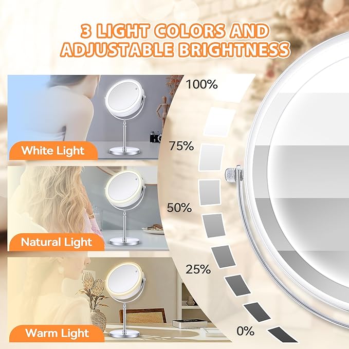 MIYADIVA Lighted Makeup Mirror, 20X Magnifying Mirror with Light, Double Sided Makeup Mirror with 20X/1X Magnification, 360°Rotation, 3 Colors Brightness Adjustable Vanity Mirror with 42 LEDs, 2000mAh
