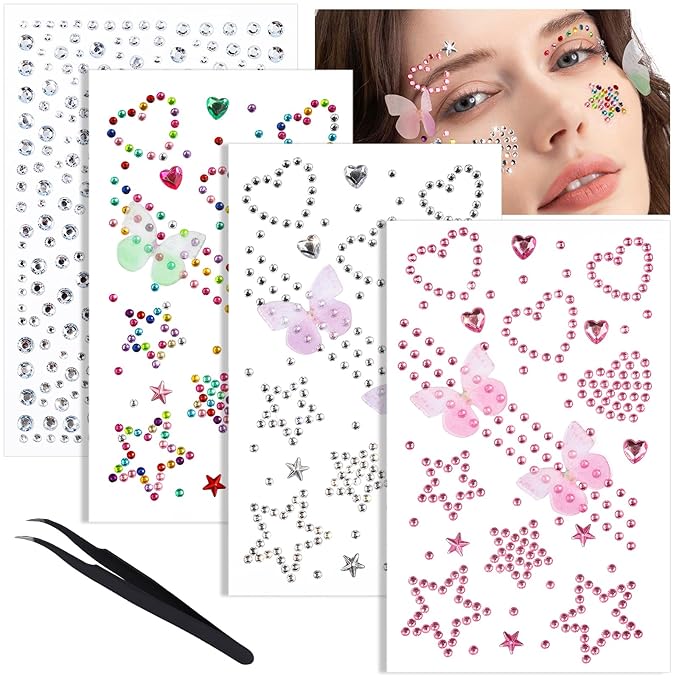 YGDZ Face Jewels, Face Gems Self Adhesive Rhinestones Stickers, Star Hair Gems, Butterfly, Heart Festival Face Stickers for Kids, Women, Y2K Rave Accessories