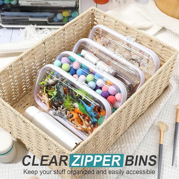 Hoolerry 4 Pcs Hard Clear Zipper Case Makeup Bags Plastic Pencil Pouch Transparent Storage Box Containers for Cosmetics, Snacks, Building Blocks, Puzzles(White,7.5 x 3.9 x 2 in)