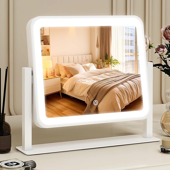 Vanity Mirror with Lights, 14"×12" LED Makeup Mirror, Lighted Makeup Mirror with Lights, Smart Touch Control 3 Colors Dimmable, Lighted Up Mirror for Makeup Desk, Bedroom, 360° Rotation