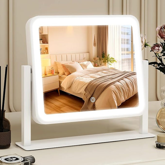 Vanity Mirror with Lights, 14"×12" LED Makeup Mirror, Lighted Makeup Mirror with Lights, Smart Touch Control 3 Colors Dimmable, Lighted Up Mirror for Makeup Desk, Bedroom, 360° Rotation