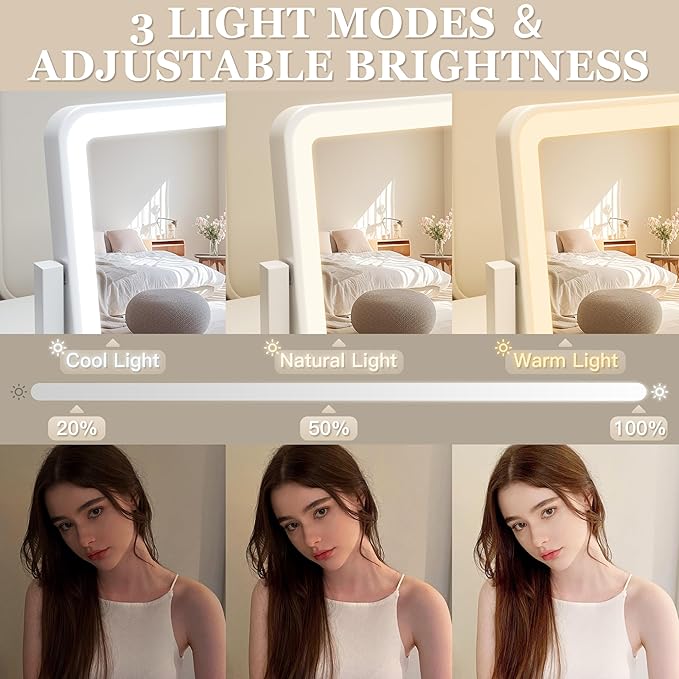 Vanity Mirror with Lights, 14"×12" LED Makeup Mirror, Lighted Makeup Mirror with Lights, Smart Touch Control 3 Colors Dimmable, Lighted Up Mirror for Makeup Desk, Bedroom, 360° Rotation