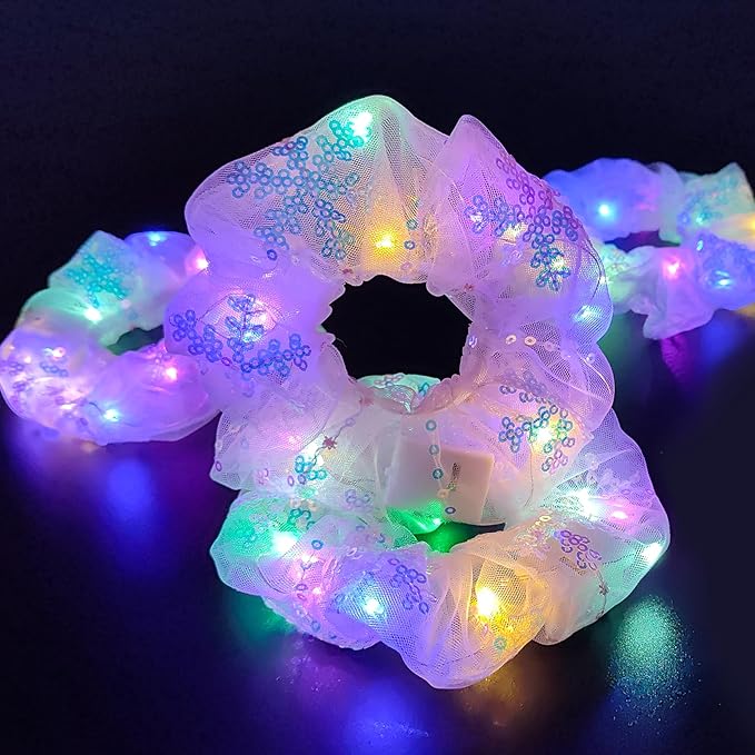4 Pcs Halloween Light Up Hair Accessories for Girls Women, Sparkly Sequins Hair Scrunchies, LED Hair Tie for Movie Night Supplies, Glow in The Dark Scrunchies for Rave Neon Slumber Party