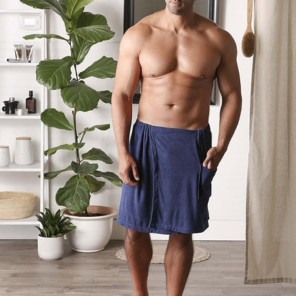DII Men's Terry Shower Wrap Collection Adjustable with Velcro and Pocket, 54x20, Nautical Blue