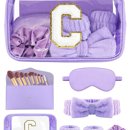 Gift Sets for Women, Initial Makeup Bag with Makeup Brush Set Bachelorette Party Favors, Purple Spa Kit with Skincare Headbands Wrist Bands Sleepover Party Supplies Gifts for Teen Girls Bridesmaid C