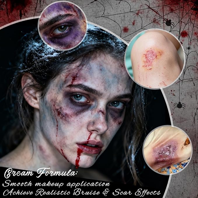 6 Colors Face Paint Bruise Wheel, Professional Trauma SFX Body Paint Makeup Kit, Halloween Makeup Face Body Painting Palette with Brush Sponge for Cosplay Hulk Witch Monster Costumes Party