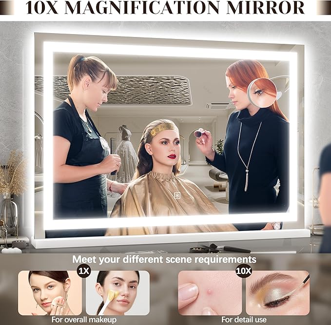 31" x 22" Large Lighted Vanity Mirror with Lights, Dimmable 3 Modes, LED Makeup Mirror for Bathroom ＆ Dressing Room, Tabletop or Wall-Mounted, 10X Magnification, White