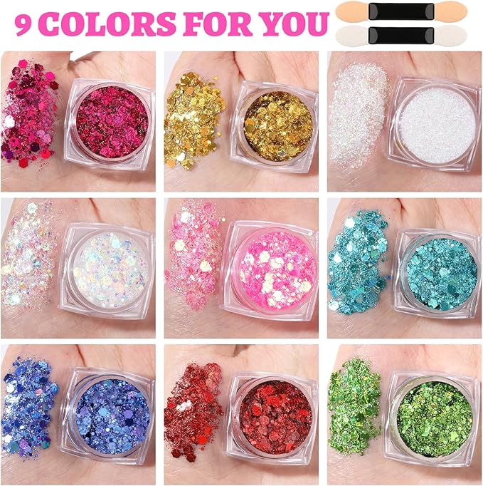 Teenitor 9 Color Face Glitter and 3 Gold Face Freckles Set - No Glue Needed Body Glitter Gel, Hair Glitter Festival Makeup for Parties, Halloween