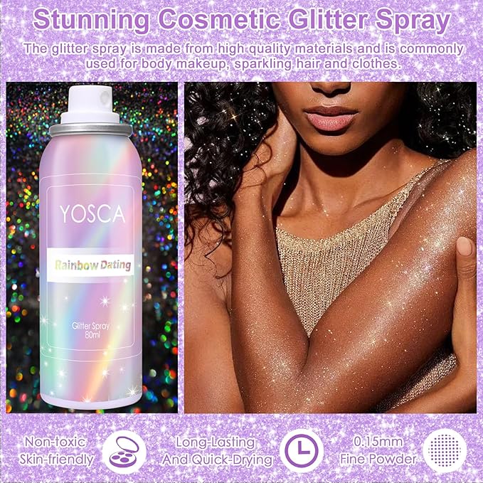 Yosca Body Glitter Spray, 80ML Holographic Silver Glitter Hairspray, Quick-Drying and Long-Lasting Shiny Glitter Spray for Body Hair Sparkling Makeup Festival Concert Party Clothes Rave Accessories