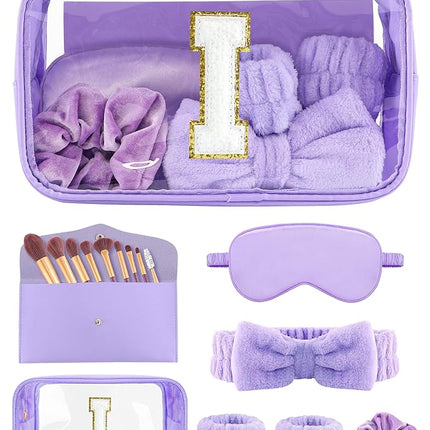 Gift Sets for Women, Initial Makeup Bag with Makeup Brush Set Bachelorette Party Favors, Purple Spa Kit with Skincare Headbands Wrist Bands Sleepover Party Supplies Gifts for Teen Girls Bridesmaid I