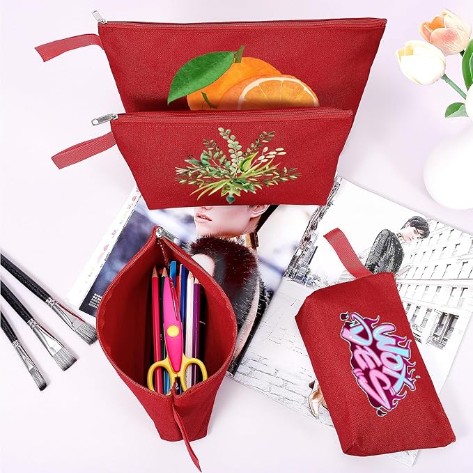 10 Pieces Cotton Canvas Makeup Bag with Bottom and Strap, Multi-Purpose Cosmetic Bag with Zipper Travel Toiletry Pouch, Blank DIY Craft Bag (Red, L)